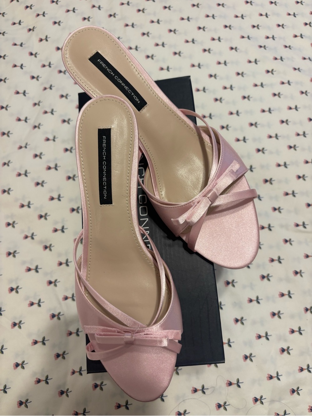 French Connection Blush Pink Satin Bow Slide Heels